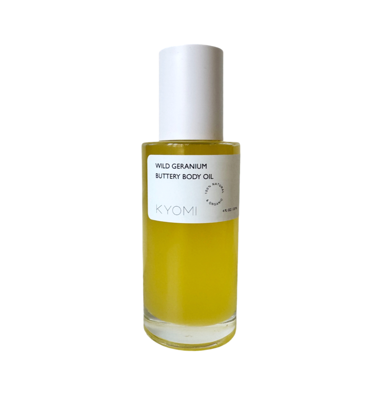 Bottle of Wild Geranium Buttery Body Oil by KYOMI on a white background