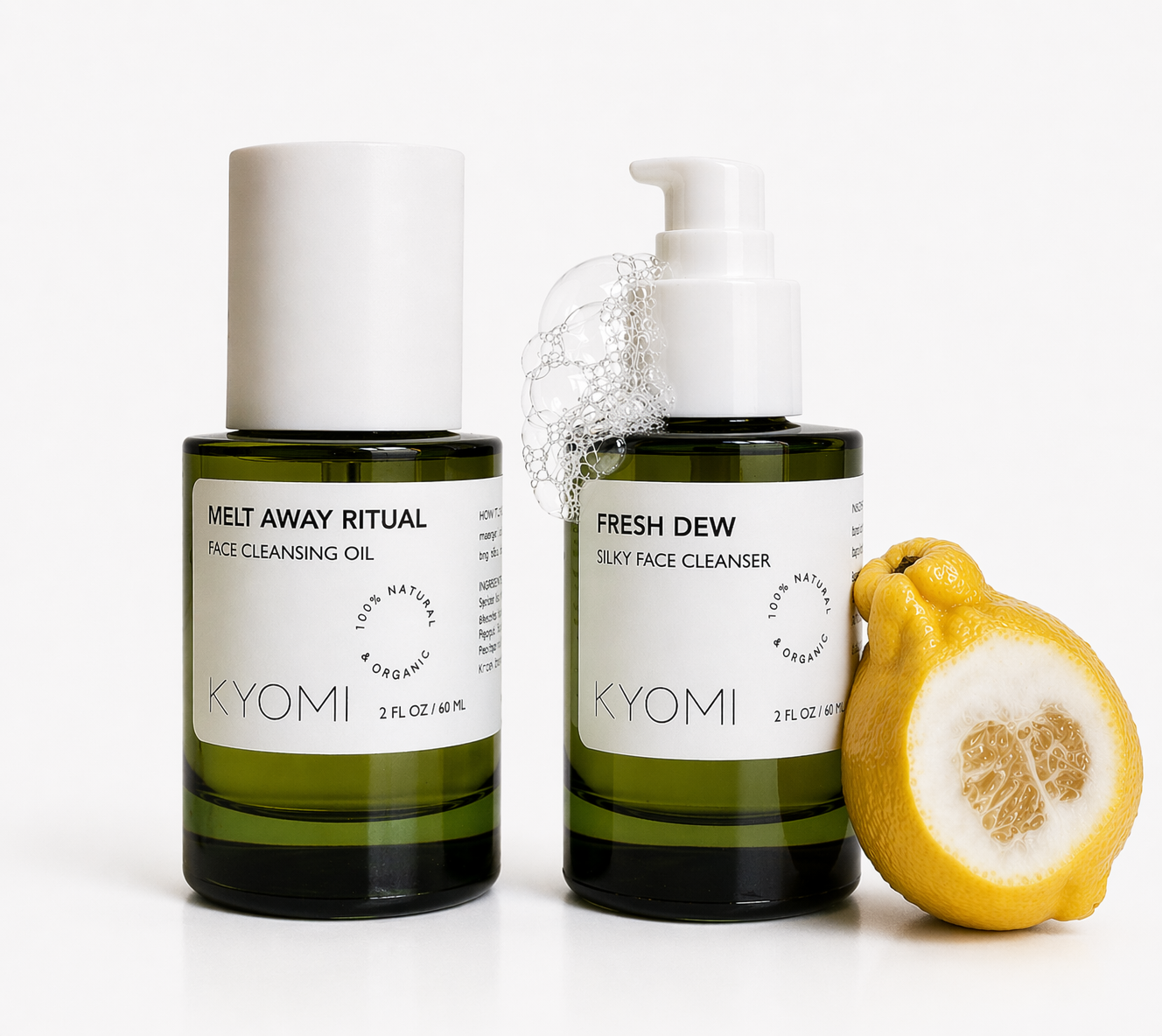 Two skincare products by KYOMI with a lemon on a white background