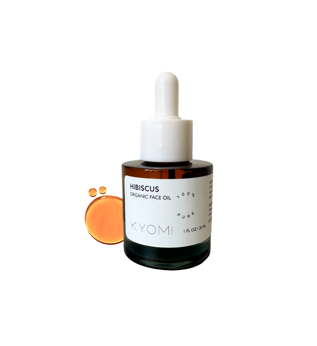 Bottle of Kyomi Hibiscus Organic Face Oil on a white background