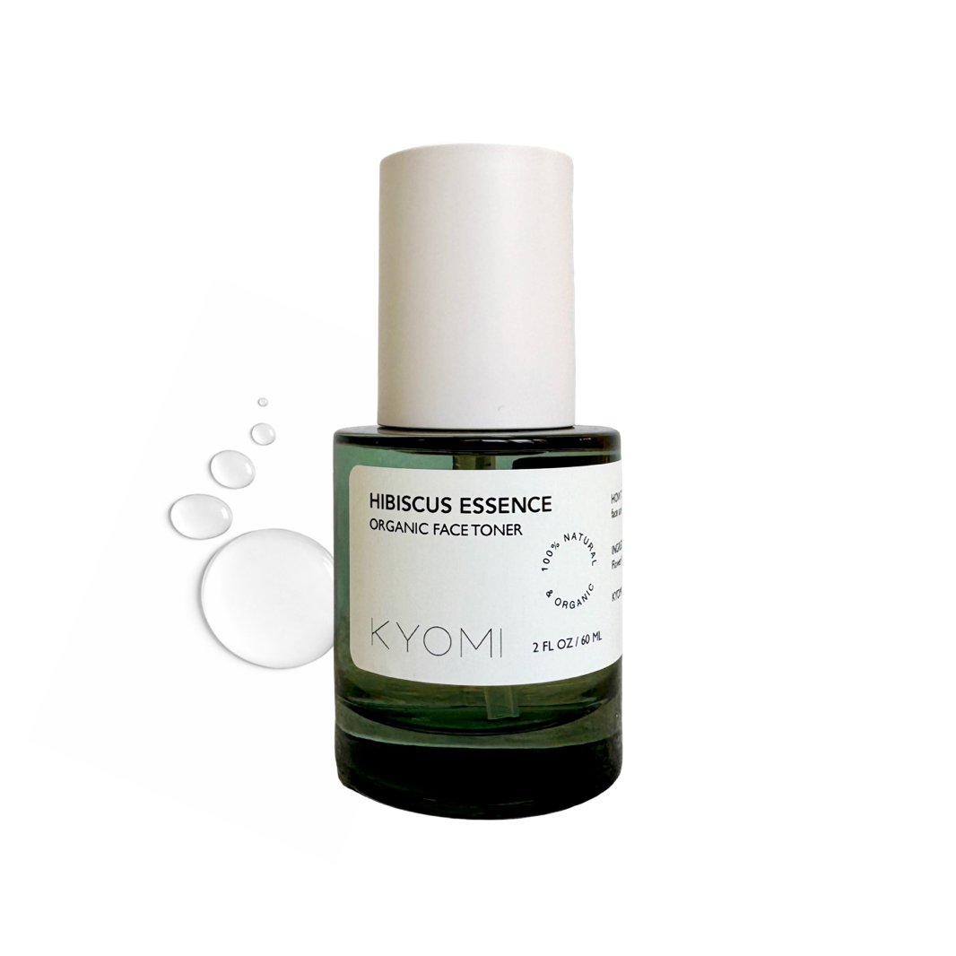 Bottle of KYOMI Hibiscus Essence Organic Face Toner on a white background