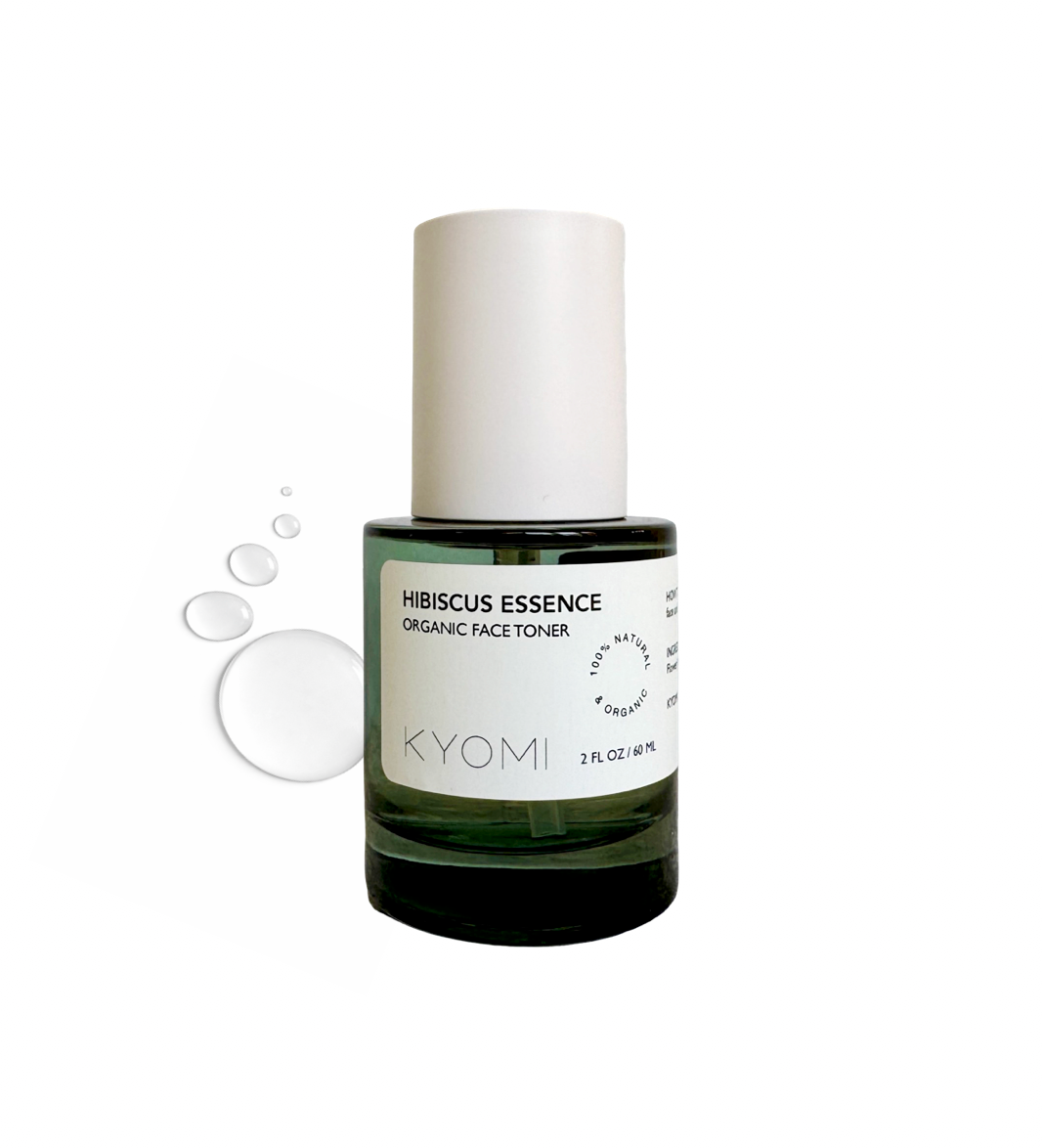 Bottle of KYOMI Hibiscus Essence Organic Face Toner on a white background