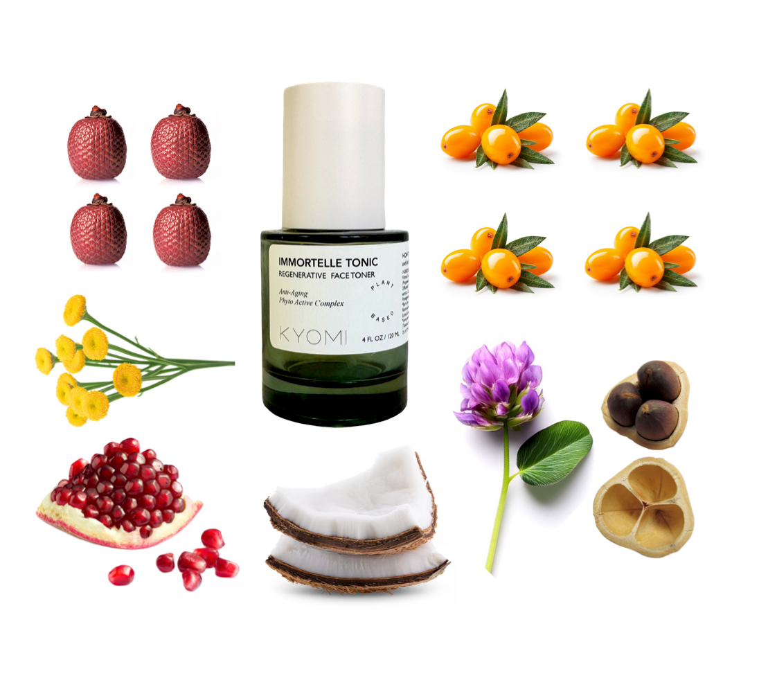 KYOMI skincare product with various fruits and plants on a white background