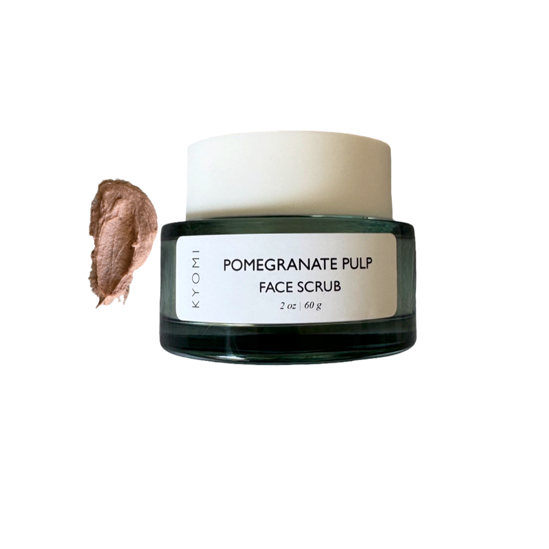 Jar of Kytoto Pomegranate Pulp Face Scrub with a sample on a white background