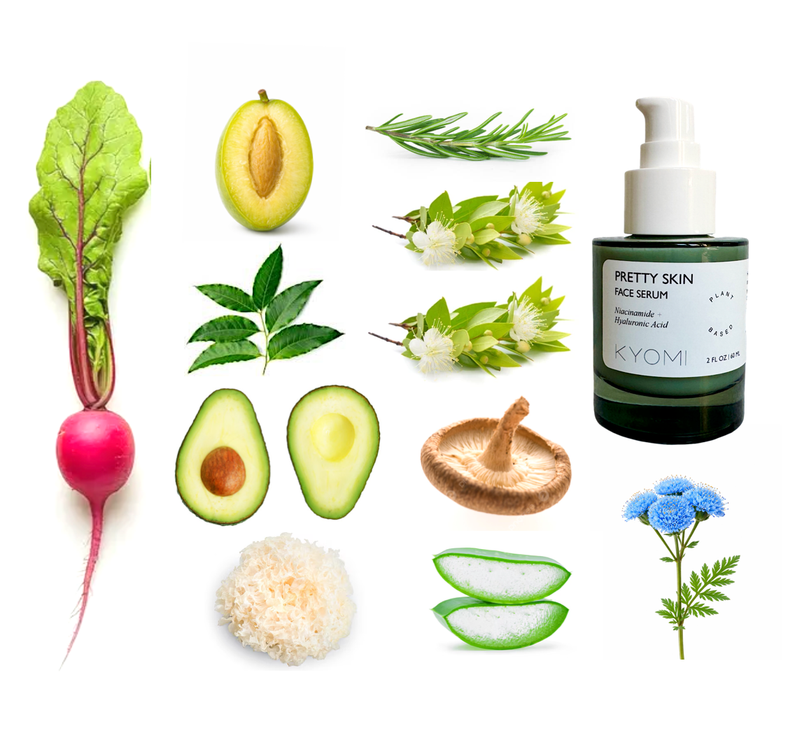 Collage of natural ingredients and a skincare product on a white background