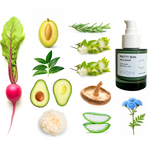 Collage of natural ingredients and a skincare product on a white background