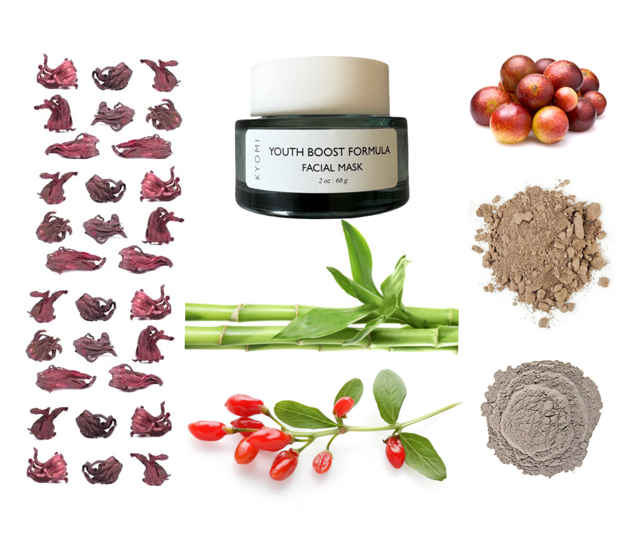 Kyomi's Youth Boost Formula Facial Mask with ingredients on a white background