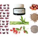 Kyomi's Youth Boost Formula Facial Mask with ingredients on a white background