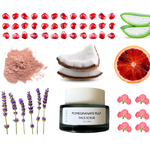 Pomegranate pulp face scrub with ingredients like pomegranate pieces, aloe vera, lavender, and blood orange on a white background.