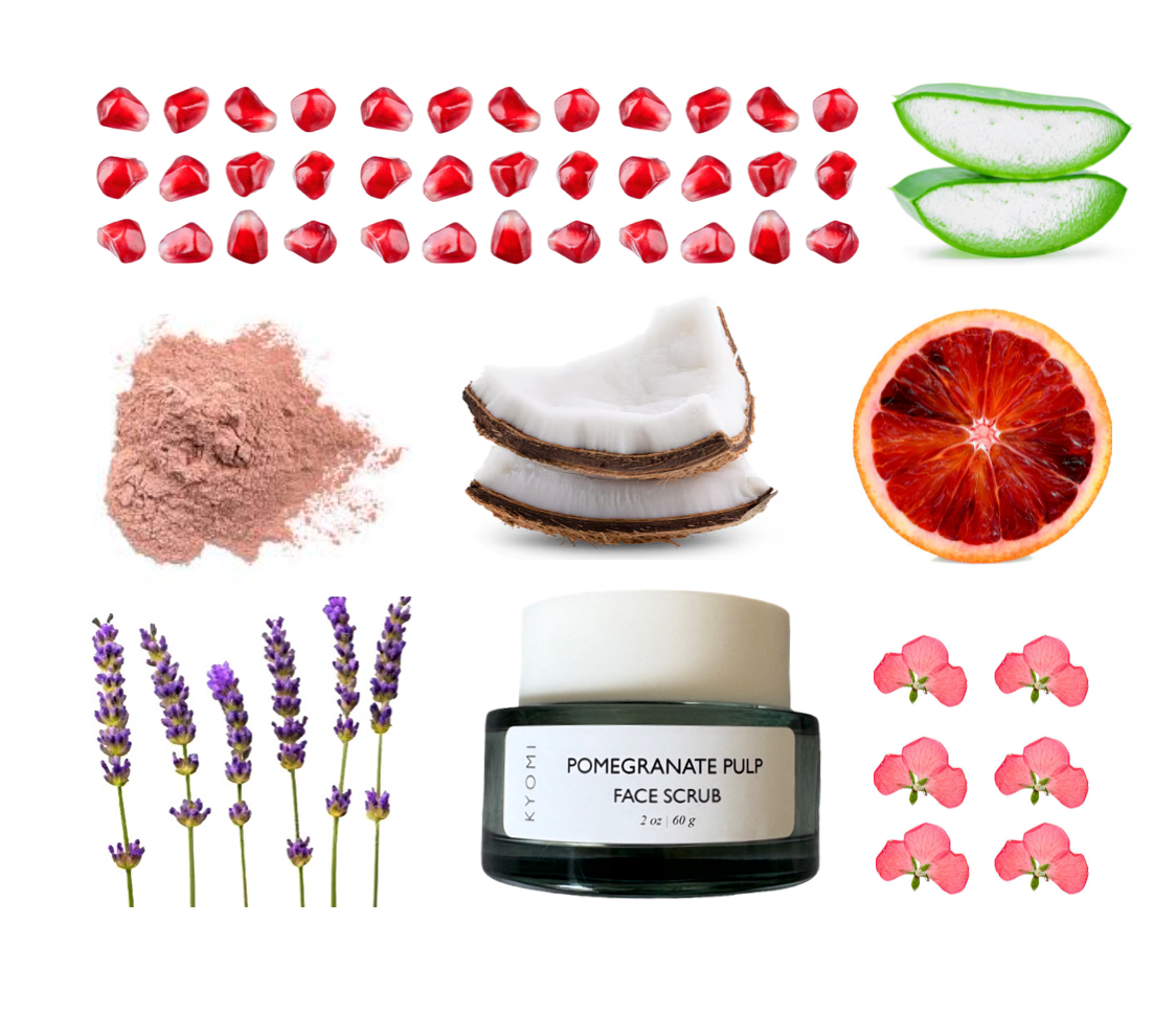 Pomegranate pulp face scrub with ingredients like pomegranate pieces, aloe vera, lavender, and blood orange on a white background.