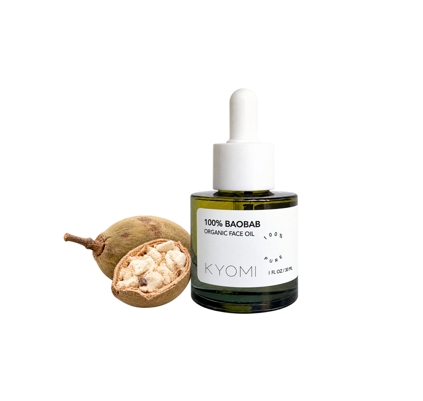 A bottle of KYOMI 100% Baobab Organic Face Oil next to a whole and halved baobab fruit on a solid white background.