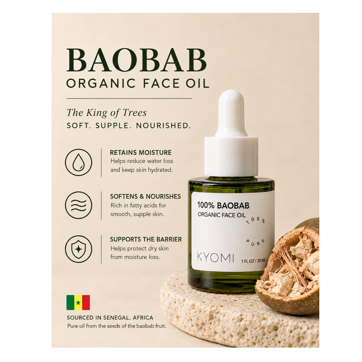 BAOBAB Organic Face Oil by Kyomi, presented in a dark green glass dropper bottle on a textured stone slab next to a dried bobaab fruit, set against a warm beige promotional background with product benefits.