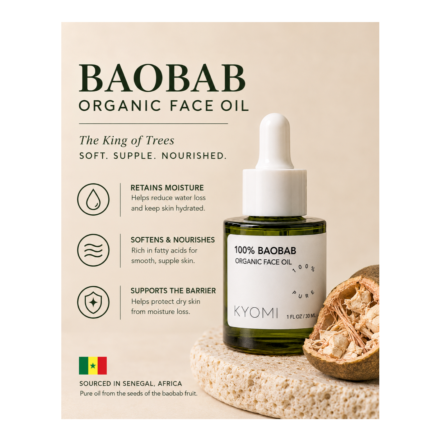 BAOBAB Organic Face Oil by Kyomi, presented in a dark green glass dropper bottle on a textured stone slab next to a dried bobaab fruit, set against a warm beige promotional background with product benefits.