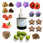 KYOMI Youth Amulet Face Serum Oil surrounded by natural ingredients on a white background