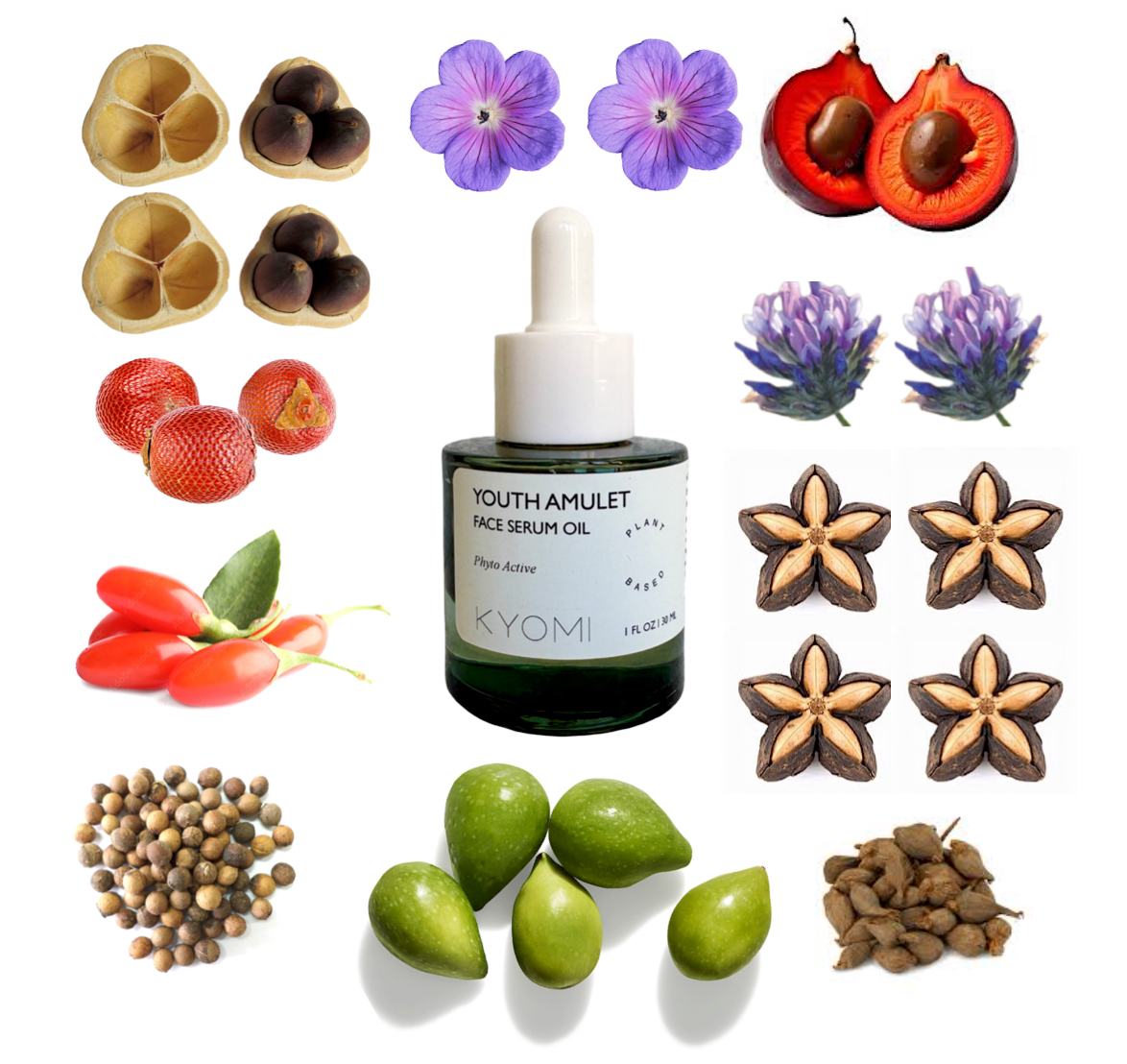KYOMI Youth Amulet Face Serum Oil surrounded by natural ingredients on a white background