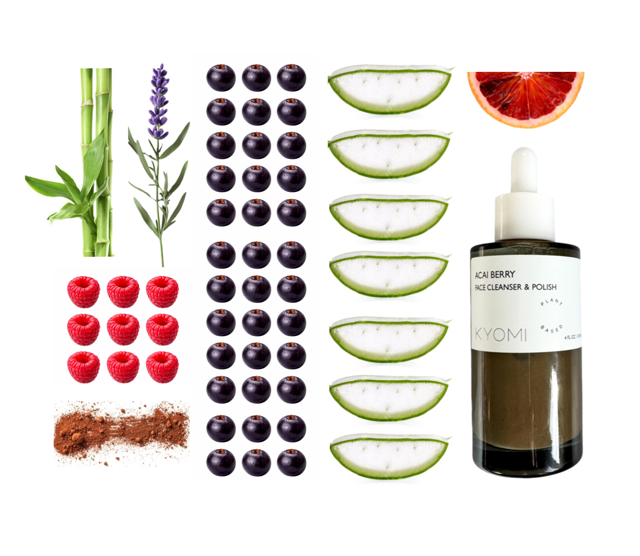 Product with natural ingredients and a bottle labeled 'KYOMI' on a white background