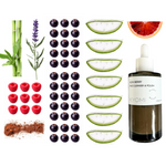 Product with natural ingredients and a bottle labeled 'KYOMI' on a white background