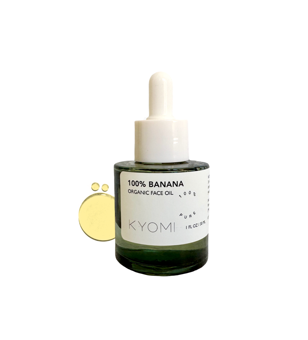 Bottle of KYOMI 100% Banana Organic Face Oil on a white background