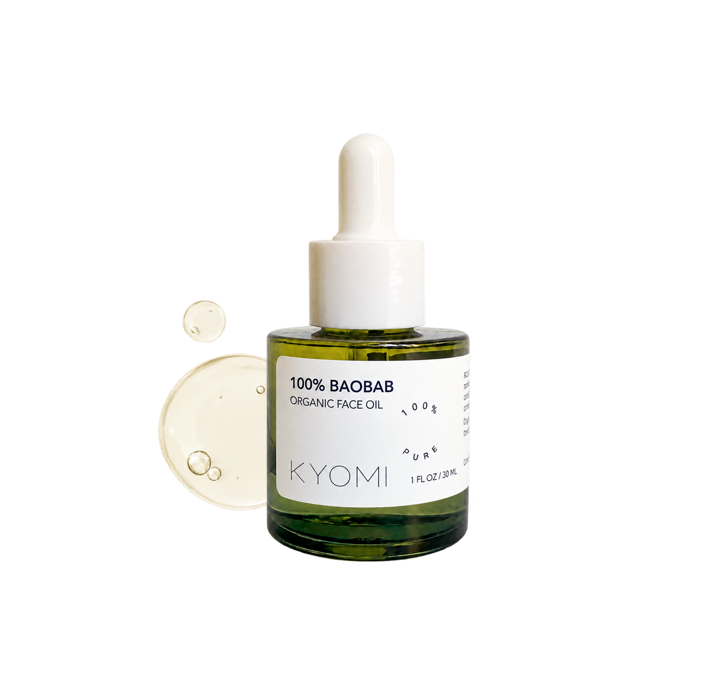 A bottle of KYOMI 100% BAOBAB Organic Face Oil with a white dropper cap and a green glass bottle, shown on a white background with a clear droplet in the foreground.