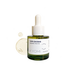 A bottle of KYOMI 100% BAOBAB Organic Face Oil with a white dropper cap and a green glass bottle, shown on a white background with a clear droplet in the foreground.