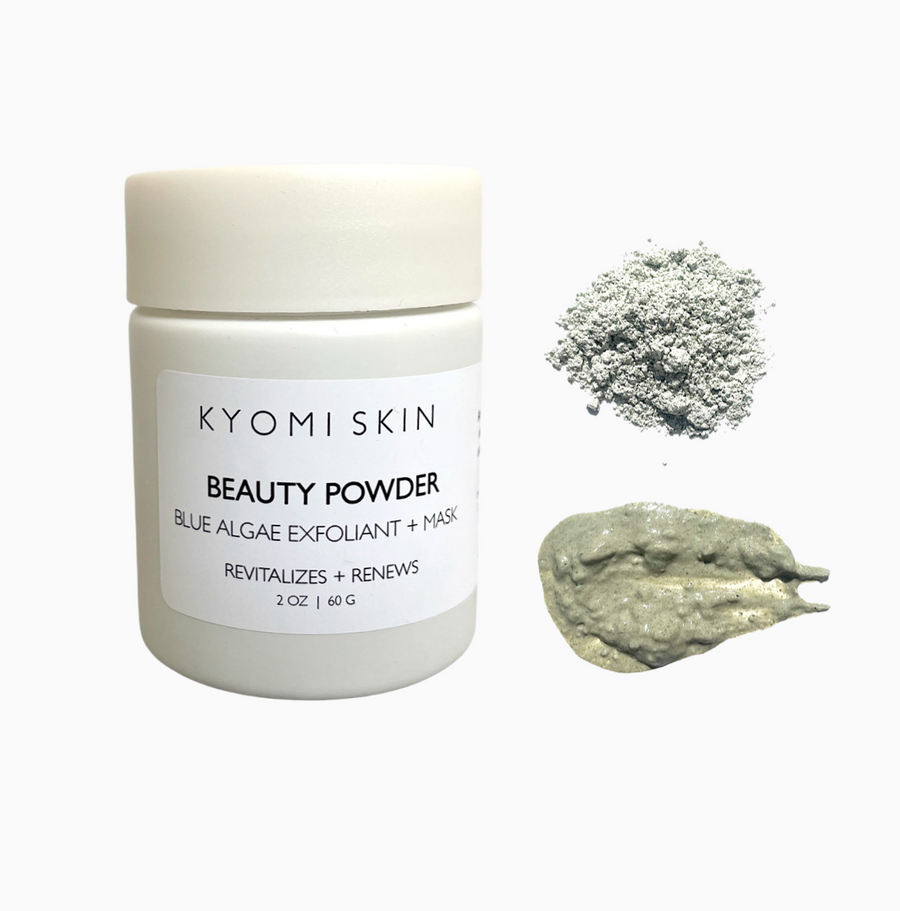KYOMI SKIN  beauty powder blue green algae mask and exfoliant, blue algae face mask, facial mask, face mask, organic face mask