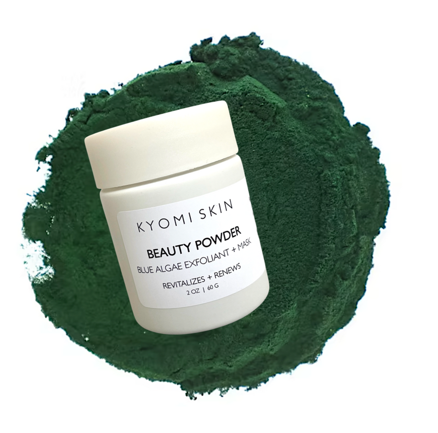 KYOMI SKIN  beauty powder blue green algae mask and exfoliant, blue algae face mask, facial mask, face mask, organic face mask