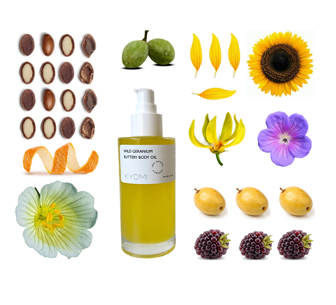 Bottle of KYOMI butter body oil surrounded by various botanical elements on a white background
