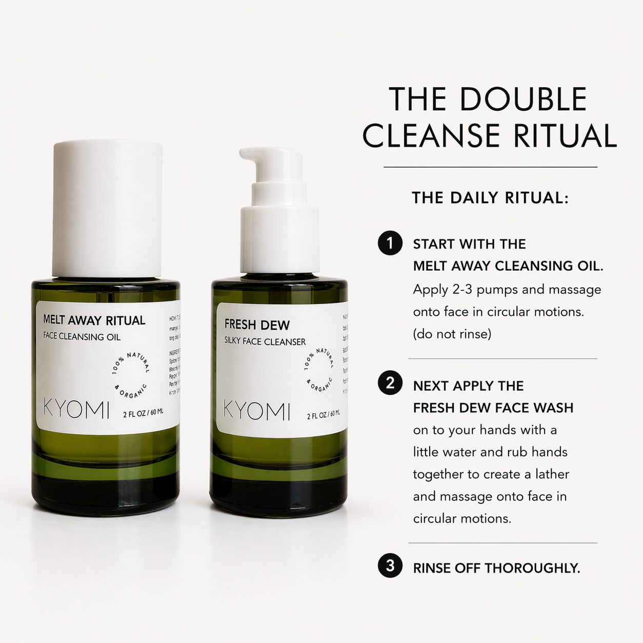 Two skincare bottles with a step-by-step guide for the double cleanse ritual on a white background.
