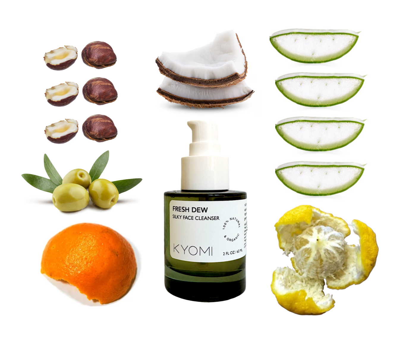 KYOMI facial cleanser bottle surrounded by natural ingredients on a white background
