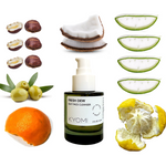 KYOMI facial cleanser bottle surrounded by natural ingredients on a white background