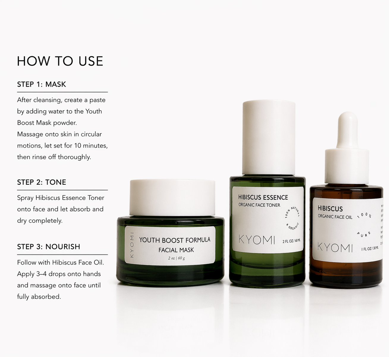 KYOMI skincare products with usage instructions on a white background
