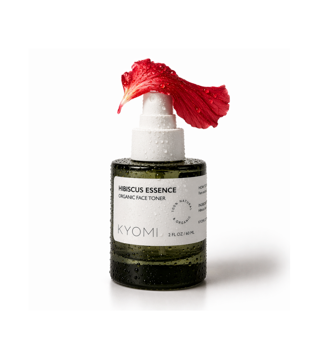 Bottle of Kyomi Hibiscus Essence toner with a red flower on a white background