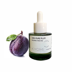 Bottle of KYOMI 100% Pure Plum Organic Face Oil with a plum and leaf on a white background