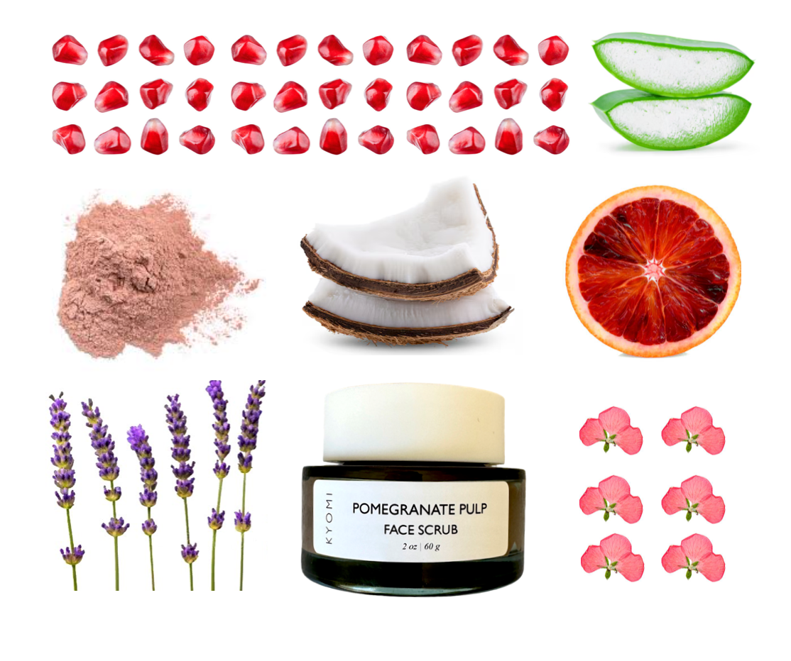 Pomegranate pulp face scrub with ingredients like pomegranate pieces, coconut, grapefruit, lavender, and aloe vera on a white background.