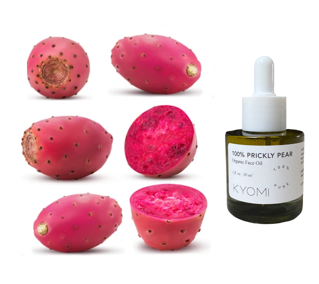 Prickly pear fruits and a bottle of KYOMI 100% Prickly Pear Organic Face Oil on a white background
