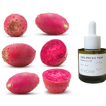 Prickly pear fruits and a bottle of KYOMI 100% Prickly Pear Organic Face Oil on a white background