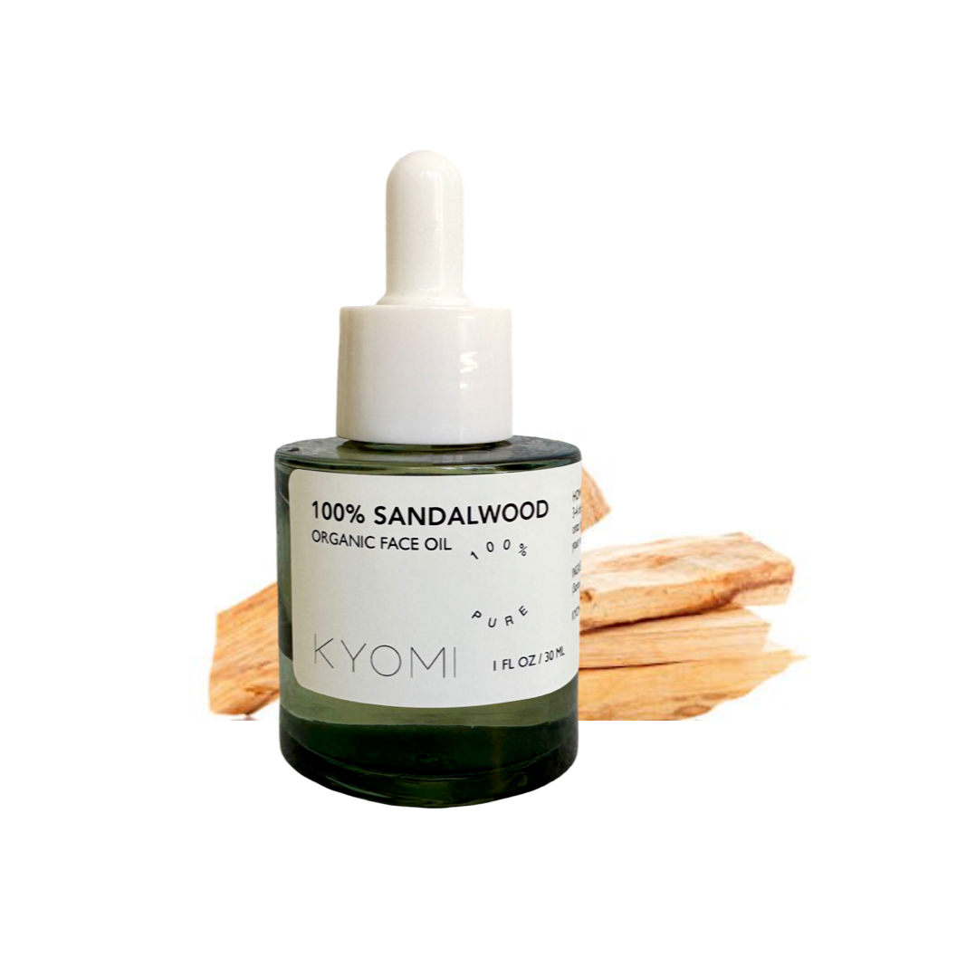 KYOMI 100% Sandalwood organic face oil bottle with dropper on a white background