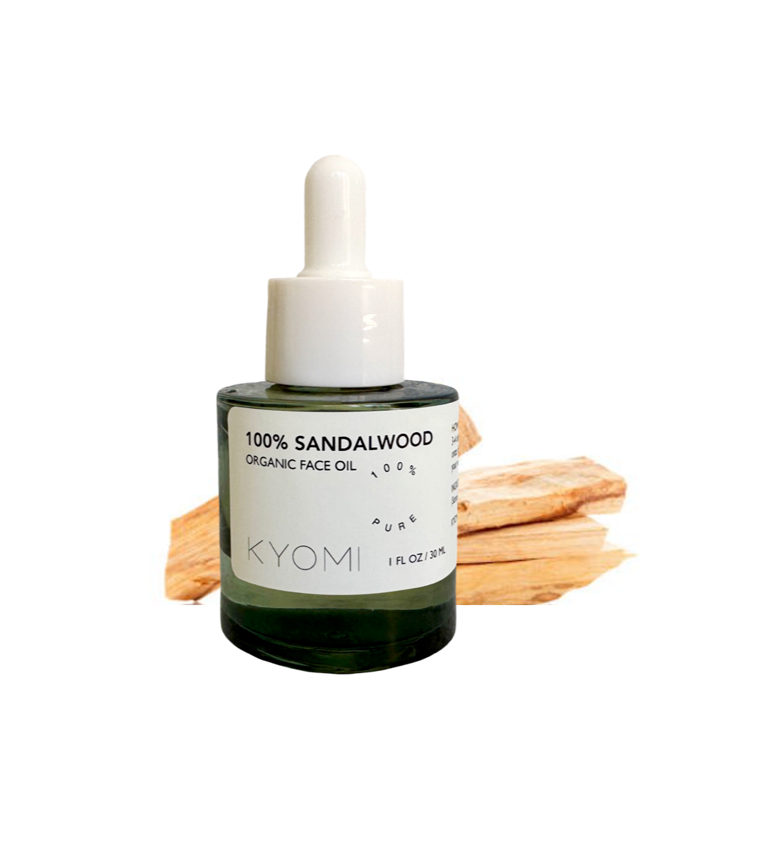 KYOMI 100% Sandalwood organic face oil bottle with dropper on a white background