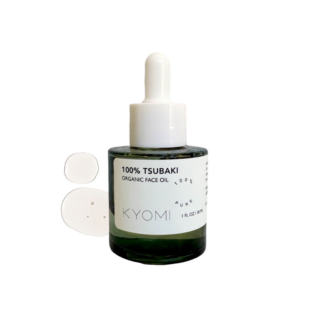 KYOMI 100% Tsubaki organic face oil dropper bottle on a white background