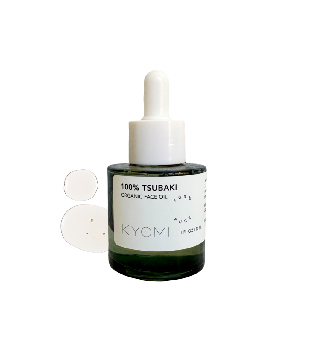 KYOMI 100% Tsubaki organic face oil dropper bottle on a white background