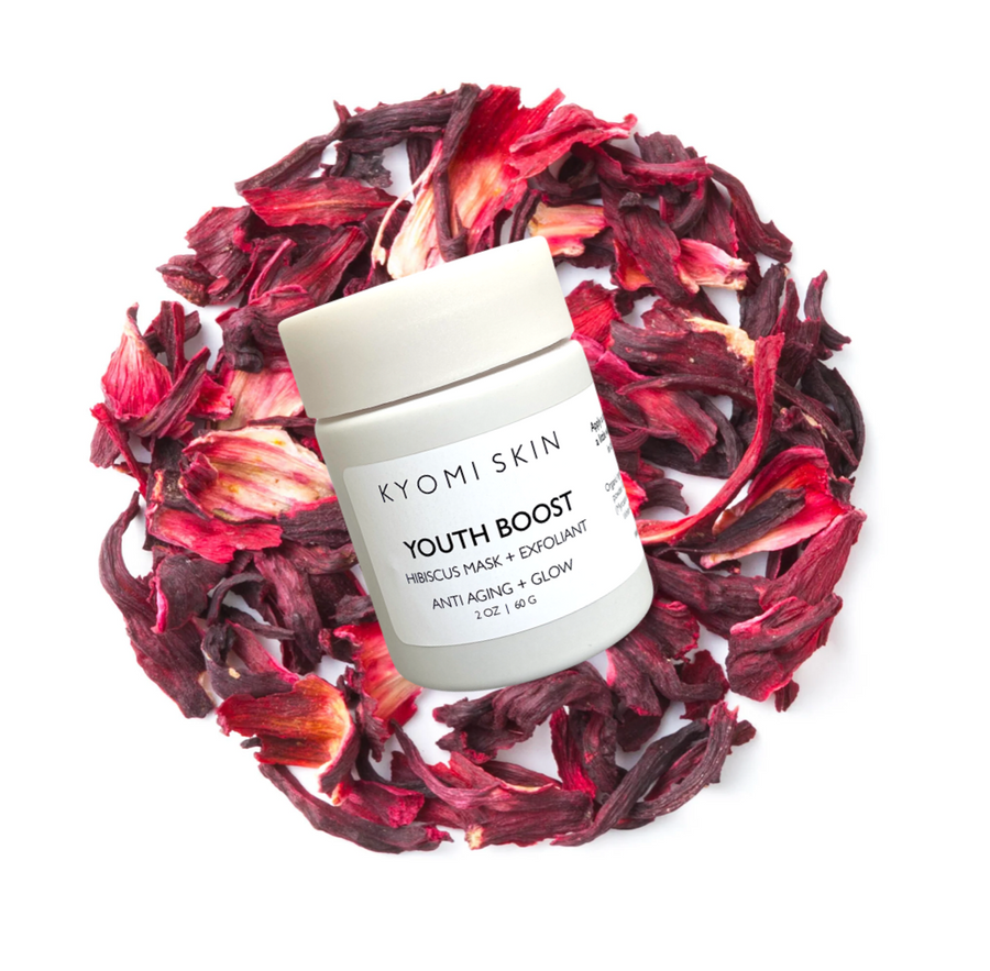 KYOMI SKIN Youth boost hibiscus cleanser and mask powder, hibiscus facial cleanser, cleansing powder, hibiscus skincare, plant based skincare, antiaging skincare