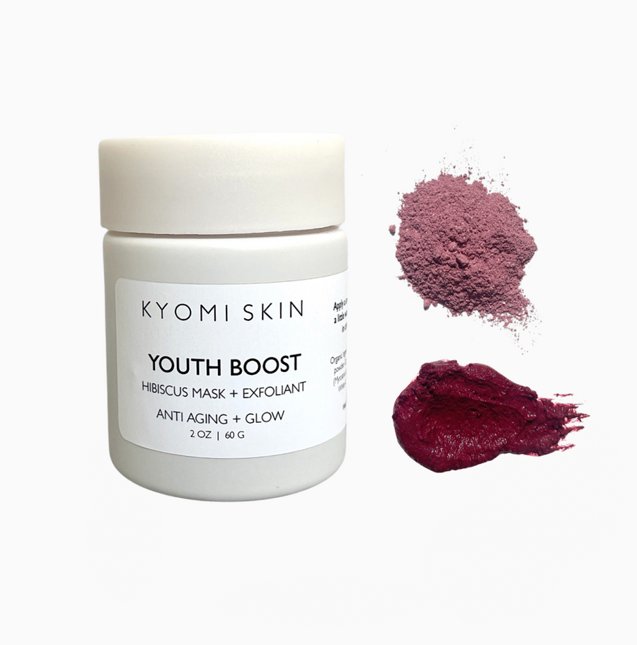 KYOMI SKIN Youth boost hibiscus cleanser and mask powder, hibiscus facial cleanser, cleansing powder, hibiscus skincare, plant based skincare, antiaging skincare
